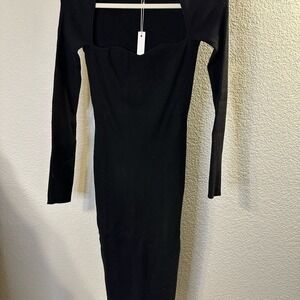 OGD Ribbed Knit Square Neck Long Sleeve Bodycon Midi Dress‎ Black Size Small